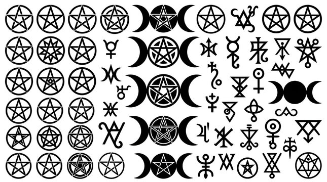 Collection of Wiccan Symbols and Magical Sigils Silhouettes on White Background