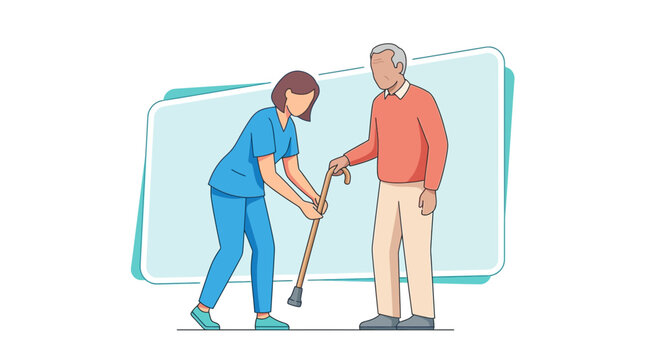 Nurse helping elderly man with walking cane, isolated on transparent background