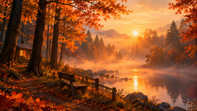 Scenic Autumn Sunrise Over a Misty River with Golden Fall Foliage and Cozy Cabin