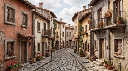 Fototapeta premium Cobblestone street winding through historic Italian village architecture under bright daylight sky