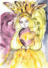 Fototapeta premium Winged Spiritual Figure Holding a Heart, Expressive Hand-Painted Watercolor