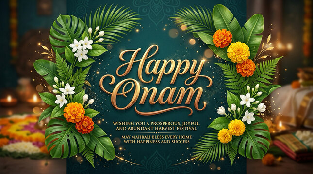 Happy Onam Festival Greeting with Traditional Kerala Pookalam and Brass Lamp