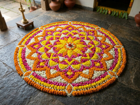 Happy Onam Festival Greeting with Traditional Kerala Pookalam and Brass Lamp