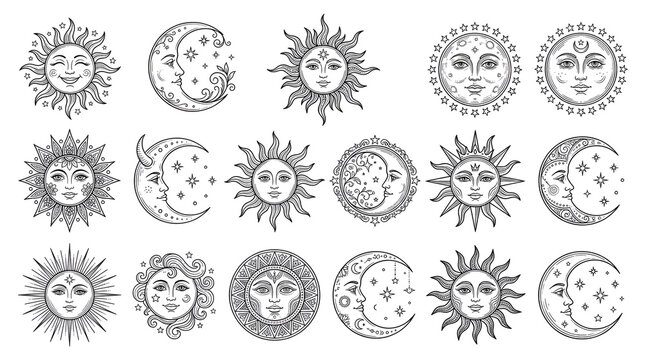 Vintage Celestial Sun and Moon Face Line Art Illustrations Set