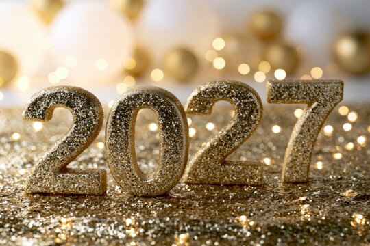 Shiny golden glitter numbers forming 2027 surrounded by sparkling festive lights and bokeh for a celebratory New Year party background
