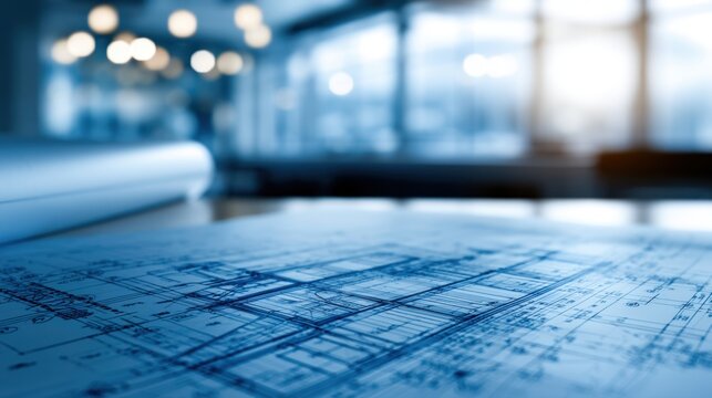 Architectural plans rolled out on a table with blueprints and blurred modern office background emphasizing design and planning concepts