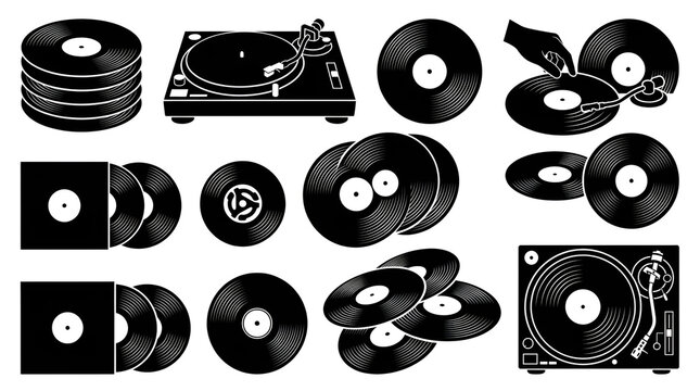 Black Vinyl Record and Turntable Silhouettes Isolated on White Background