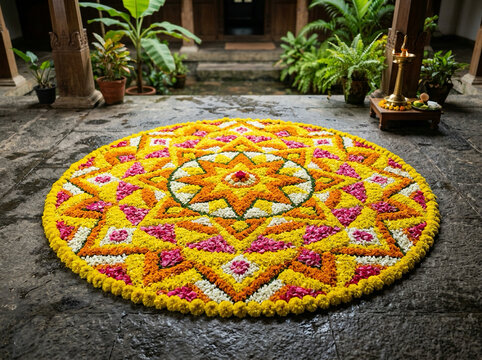 Happy Onam Festival Greeting with Traditional Kerala Pookalam and Brass Lamp