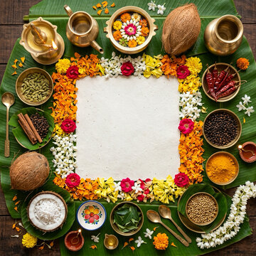Happy Onam Festival Greeting with Traditional Kerala Pookalam and Brass Lamp