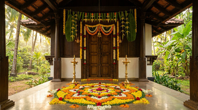 Happy Onam Festival Greeting with Traditional Kerala Pookalam and Brass Lamp