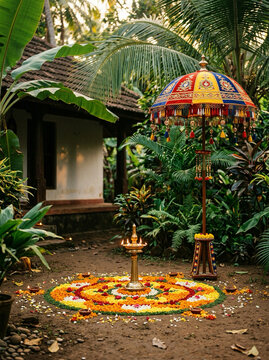 Happy Onam Festival Greeting with Traditional Kerala Pookalam and Brass Lamp