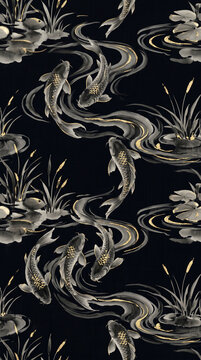 Luxury seamless Japanese koi fish pond pattern in ink wash with gold accents on black background