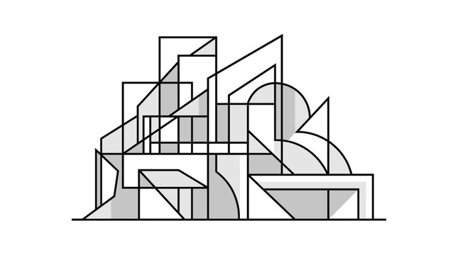 Abstract geometric building facade with clean lines and shaded planes, modern architectural concept, vector art