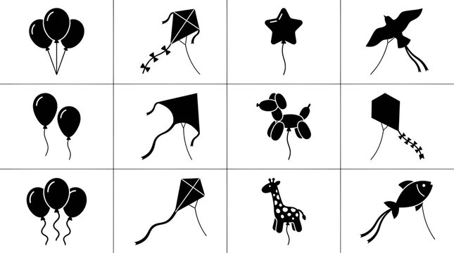 Black Silhouettes Set of Balloons and Kites on White Background