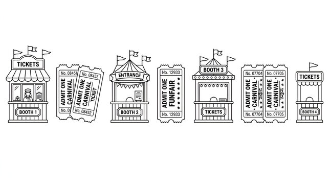 Clean Line Art Set of Carnival Ticket Booths and Admission Stub Icons
