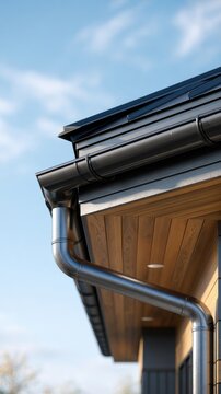 Modern house featuring sleek metal rain gutter system installed along wooden soffit against clear blue sky background