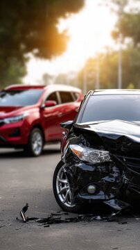 Damaged black sedan with severe front-end collision parked on the street during daylight with another red suv waiting in background on a sunny day