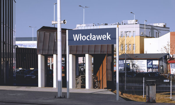 Wloclawek, Poland - March 9, 2026. Wloclawek train station name sign.