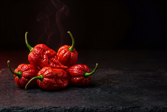 Red ghost peppers pile on dark slate