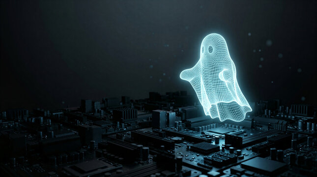 Wireframe ghost hovering over circuit board