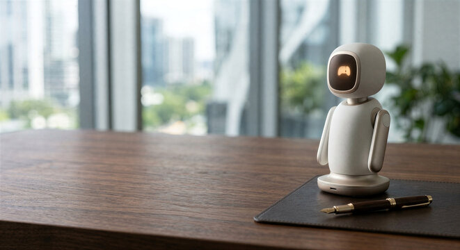 Small white robot assistant on wooden desk