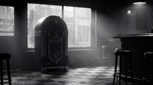vintage interior aesthetics, a vintage jukebox silhouette illuminated by warm window light on checkerboard flooring