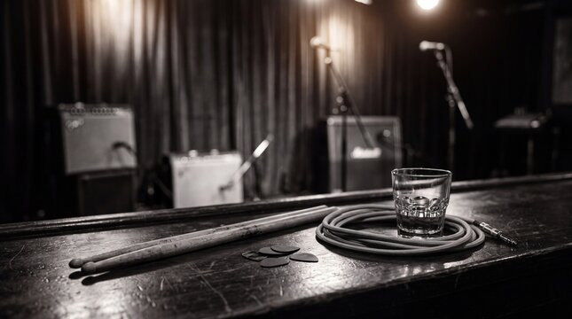 music inspired art, a vintage rock-and-roll still life features drumsticks, guitar picks, and whiskey