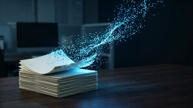 Stack of paper forms dissolving into digital particles