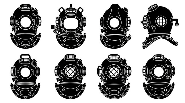Silhouette Set of Vintage Deep Sea Diving Helmets on White Background