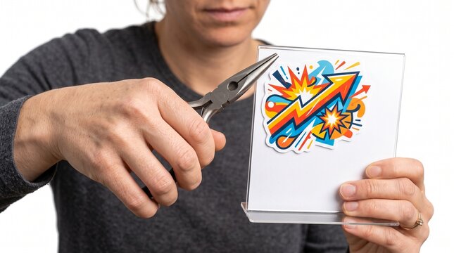 Person using pliers to remove a colorful growth chart sticker from a clear display stand