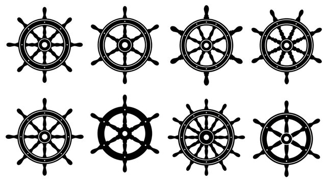 Collection of Black Silhouettes of Nautical Ship Steering Wheels and Helms