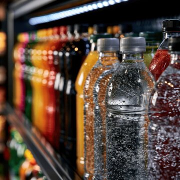 Sparkling and colorful bottled beverages lined up neatly in a refrigerated display case with condensation on the bottles in a store setting