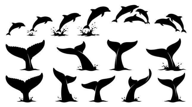 Set of whale tails and jumping dolphin silhouettes on white background