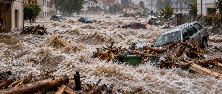 Catastrophic Flash Flood Sweeping Through Town with Cars and Debris
