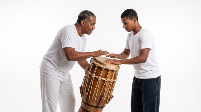 Father and son playing a traditional drum together on a white background