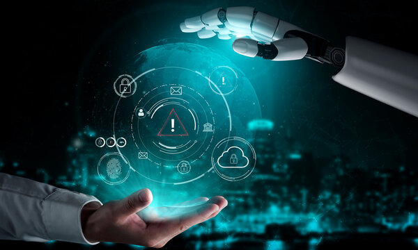 Futuristic Artificial Intelligence and Human Interaction with Technology, Digital Interface with Alert Symbols, Cybersecurity and Data Protection Concept. Entropy.