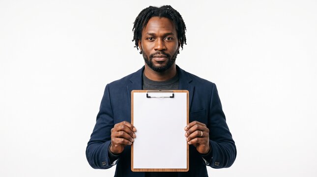 Man in Suit Holding Clipboard with Blank Paper