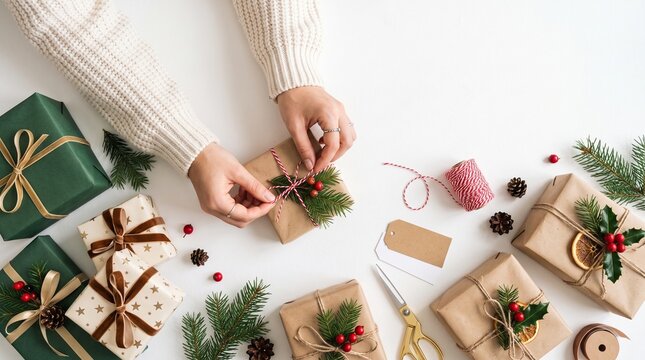 Hands wrapping Christmas presents with festive decorations and pine cones
