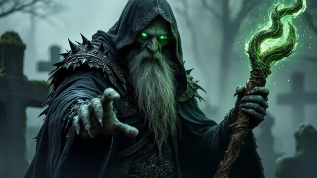 Hooded wizard in misty graveyard ruins confronts viewer glowing emerald staff