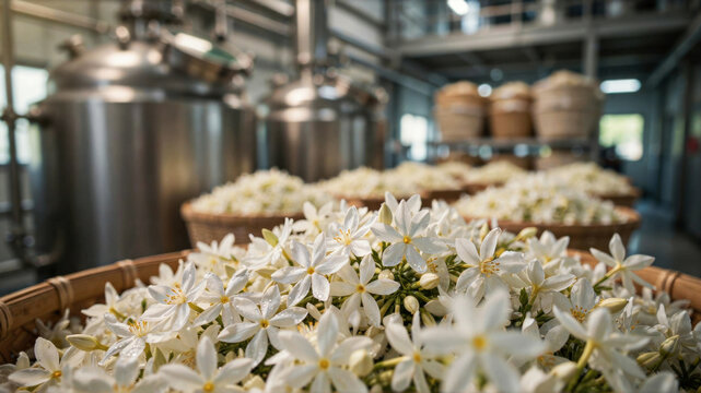 Jasmine sambac flowers in baskets ready for essential oil production facility