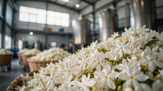 Jasmine sambac flowers harvested in baskets inside essential oil production facility