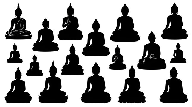 Set of Meditating Buddha Figure Silhouettes Isolated on White Background