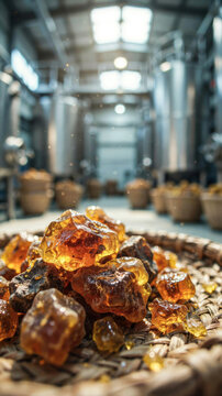 Commiphora myrrha resin pieces on wooden table in essential oil production facility