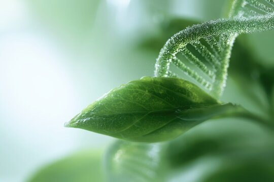 Concept of genetic modification and bioengineering with a fresh green leaf intertwined with a dna double helix strand surrounded by soft natural light