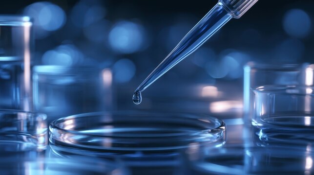 Laboratory scene showing a pipette dropping liquid into a petri dish with multiple glass containers in a scientific research environment