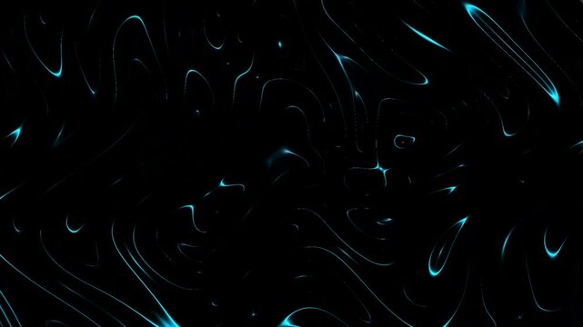 An artistic abstract background featuring glowing cyan light curves and fluid line patterns on a deep black backdrop, perfect for modern digital designs, technology concepts, and creative wallpapers