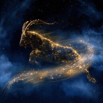 Ethereal glowing golden goat constellation swirling through a mystical blue cosmic sky filled with stars and nebula clouds in a celestial fantasy scene