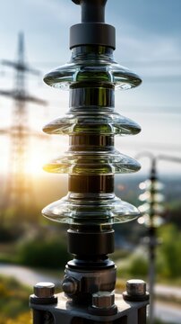 Transparent glass insulator attached to a power line pole with blurred electrical towers and sunset sky in the background indicating energy transmission infrast