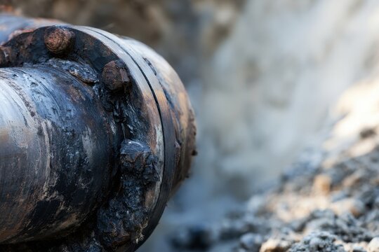 Detailed view of old corroded steel pipe joint with rust and heavy grease in an industrial or construction environment with blurred background