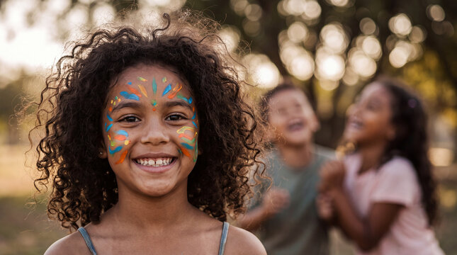 A portrait of a joyful young girl with curly hair and colorful face paint, smiling while her friends play and laugh in the blurred background at a park.